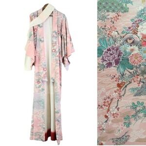Japanese Mid-Century Kimono Floral Pink Dress OS‎